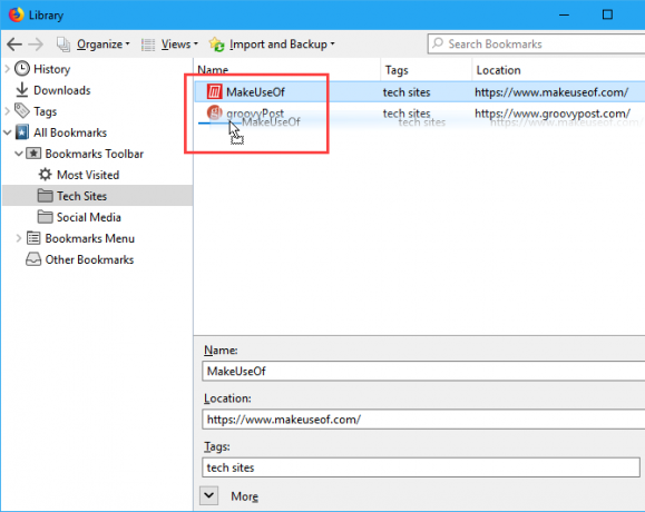 Ручно сортирајте ознаке у дијалошком оквиру Библиотека у Фирефоку