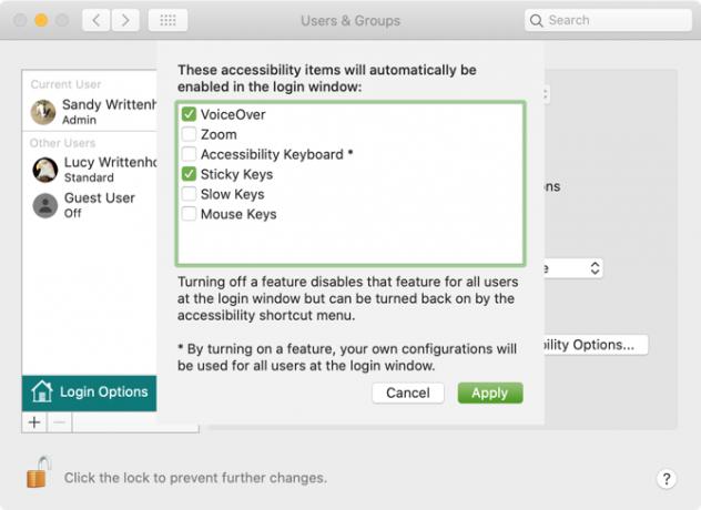Опције приступачности екрана за пријављивање на Мац