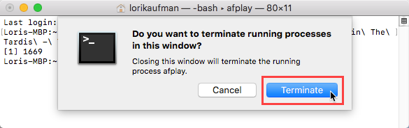 Кликните Терминате за поступак у прозору Терминал на Мац-у