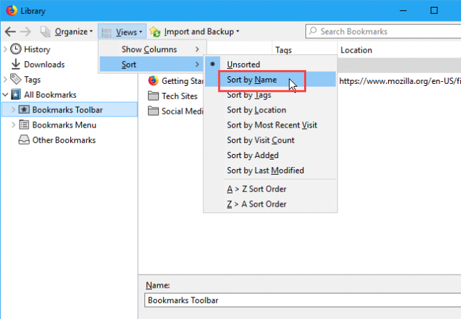 Поредај ознаке по имену у дијалошком оквиру Библиотека у Фирефоку